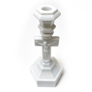 Vintage Milk Glass Candleholder with Cross